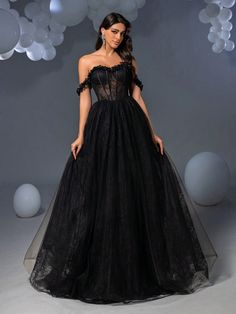 Off Shoulder Back Lace Up Mesh Formal Dress Black Elegant Prom Evening Wedding Guest Gown, For Graduation, Dinner Black Elegant  Sleeveless Mesh Fabric Plain A Line Slight Stretch All Weddings & Events, size features are:Bust: ,Length: ,Sleeve Length: Strapless Lace Evening Dress For Banquet, Black Sleeveless Ball Gown For Party, Lace Sleeveless Bridesmaid Ball Gown, Sleeveless Black Ball Gown For Party, Black Sleeveless Gown For Banquet, Wedding Sleeveless Tulle Maxi Dress, Black Sleeveless Evening Dress For Wedding, Sleeveless Lace Bodice Ball Gown For Prom, Sleeveless Lace Bodice Ball Gown For Prom Season