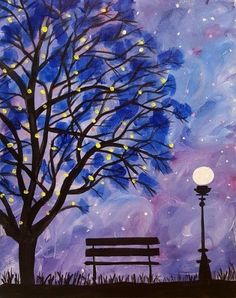 a painting of a park bench under a tree with lights on it and a lamp post in the foreground