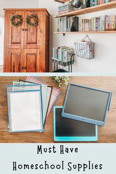 homeschool supplies in a homeschool room with a cabinet, rolling cart, and bookshelves Organize Homeschool Supplies, Homeschool Curriculum Planning, Homeschool Room Design, Homeschool Room Organization, Preschool Supplies, Creative Lesson Plans, Homeschool Routine, Homeschool Supplies, Homeschool Books