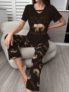 Multicolor Cute Collar Short Sleeve  Animal,Graphic,Letter Pant Sets Embellished Slight Stretch All Women Sleep & Lounge Casual Home Outfits, Mens Christmas Pajamas, Sleepwear Women Pajamas, Night Club Outfits, Sloth Gift, Animal Graphic, Pant Sets, Pajama Set Women