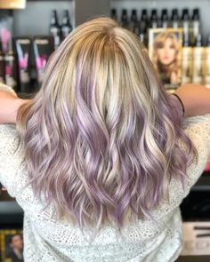 Peekaboo Hair Dye, Silver Purple Hair, Platinum Balayage, Lilac Hair Color, Purple Hair Highlights, Underlights Hair, Light Purple Hair