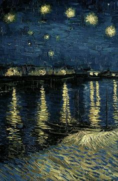 the starry night over the ocean with boats in the water