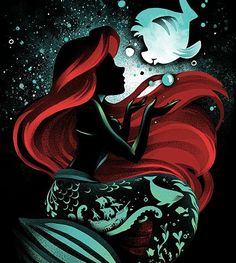 a woman with long red hair and a fish in her hand is looking up at the sky