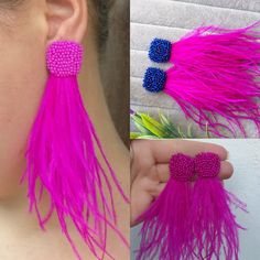 Long fluffy earrings made of fuchsia ostrich feathers. The upper part of the earrings is made with beads and leatherette . Length 3 inches, but you can choose a length what you need. Just contact me.  Choose your favorite color of beads from drop-down menu ! Also you can change the colour of beads, just write me at the note field placing an order. I have all colours of beads.  If you need clip earrings - just write me. I can make clip closure Processing time - 1-2 days. Fast delivery during 7-10 days.  For wedding, bridal, prom parties.  The earrings are carefully packaged. Summer Party Earrings With Feathers, Feather Party Jewelry For Summer, Gold Wreath Crown, Fluffy Earrings, Gold Headpiece, Feather Jewelry, Authentic Jewelry, Ostrich Feathers, Gold Rhinestone