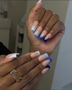 French Tip Acrylic Nails Unique, Shades Of Blue French Tip Nails, Same Color Different Shade Nails, Blue Acrylic Nails French Tip, Blue French Tip Nails Square, Purple French Tip Nails, Kiki Lala, Blue French Tips, Purple Acrylic Nails