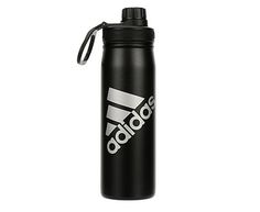 the adidas water bottle is black and white