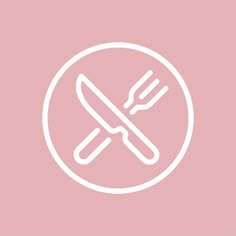 a white circle with two knives and a fork on it, in front of a pink background