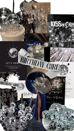 a collage of birthday cards, plates and other items in black and white colors