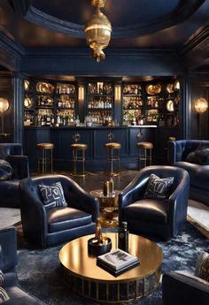 a living room filled with blue couches and gold tables in front of a bar