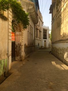 an alley way with buildings and trees on either side