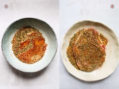 two bowls with spices and seasoning in them