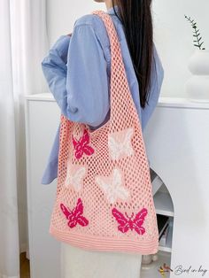 BirdinBag - Pink Butterfly Print Crochet Shoulder Bag: Stylish, Versatile, and Perfect for Shopping, Dating, and School. Graphic Crochet, Vacation Bag, Crochet Shoulder Bag, Butterfly Graphic, College University, Animal Fashion, Pink Butterfly, Butterfly Print, Womens Tote Bags