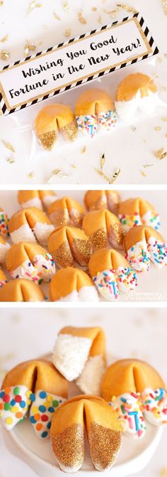 some cookies are on a plate with confetti and sprinkles