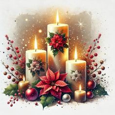 christmas candles with poinsettis, holly and balls around them on a white background