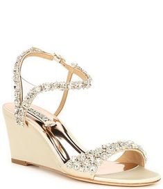 Badgley Mischka Finesse Satin Block Heel Dress Sandals | Dillard's Elegant Wedge Heel Sandals For Party, Elegant Ankle Strap Wedge Sandals For Wedding, Elegant Low Heel Wedge Sandals For Wedding, Elegant Open Toe Wedge Sandals For Wedding, Embellished Open Toe Wedge Sandals For Evening, Formal Crystal-embellished Wedge Sandals, Formal Crystal Embellished Wedge Sandals, Elegant Embellished Evening Wedge Sandals, Elegant Party Wedge Sandals With Heel Strap