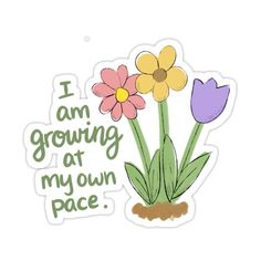 a sticker that says i am growing at my own pace with flowers and tulips