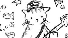 a black and white drawing of a cat playing the guitar