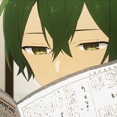 an anime character with green hair reading a newspaper