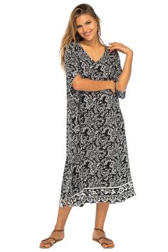 Soft as a daydream, this flowing poncho style black dress sweetens your summer downtime with its light flowing fabric and pastel buttermint hues. Handmade design features a pretty batik floral print, as well as butterfly sleeves that mirror the easy mid-calf hemline. Generously sized to provide ample coverage for womens regular to plus sizes; wear as a beach caftan, lounge dress or maxi cover up for swimwear. Back From Bali is dedicated to creating beautiful, quality clothing with a heart. All o Casual Flowy Midi Dress For Beach Cover-up, Flowy Casual Midi Dress For Beach Cover-up, Casual Half Sleeve Maxi Dress For Beach, Casual Half-sleeve Maxi Dress For Beach, Casual Half Sleeve Maxi Dress For Vacation, Casual 3/4 Sleeve Maxi Dress For Beach, Black Beach Dress With 3/4 Sleeve, Casual Flowy Maxi Dress With 3/4 Sleeve, Flowy Half Sleeve Beach Dress