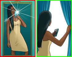 a woman looking at her cell phone in front of a mirror