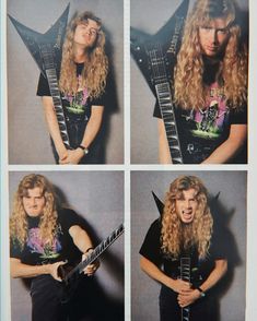 four pictures of a man with long hair holding a guitar and posing for the camera