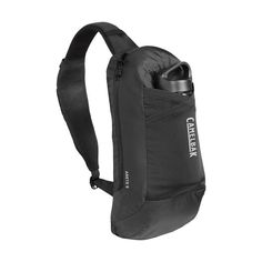 a black backpack with a water bottle in the back and shoulder strap attached to it