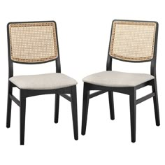 Reimagine your dining space with the addition of the Gilcrest Dining Chair (Set of 2) by Lifestorey. Mixed materials refresh the Mid-Century modern style, featuring a textural inlay of natural cane against a solid rubberwood frame. Cushioned seats upholstered in a soft neutral gray linen-like fabric create a striking tonal contrast against the rich black finish. Overall Chair Width: 18.5 inches Overall Chair Height: 35 inches Overall Chair Depth: 22.5 inches Seat Width: 18.5 inches Seat Height: Cane Dining Chairs, Cane Back Chairs, Parsons Dining Chairs, Round Dining Set, Grey Upholstery, Dining Table Black, Mid Century Chair, Leather Dining, Chair Style