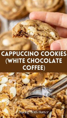 a hand holding up a cookie with white chocolate and almonds on it, in front of the words cappuccino cookies white chocolate coffee