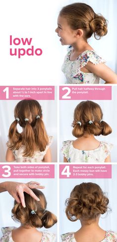 Follow this easy tutorial for a kid's hairstyle that’s perfect for school. This low updo can be created on long or short hair. Girls School Hairstyles, Easy Hairstyles For Kids, Low Updo, Girl Hair Dos, Easy Updo, Back To School Hairstyles, Easy Hair, Short Hairstyle, Toddler Hair