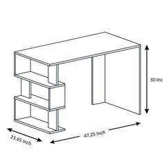 a drawing of a desk with two shelves and one shelf on each side, measurements for the