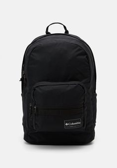 a black backpack with the word columbia printed on it and zippers at the bottom