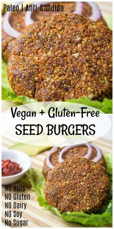 vegan and gluten - free seed burgers on lettuce leaves