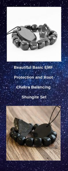 two pictures with the words beautiful basic emf protection and root chakra balancing shingle set