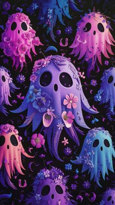 an image of colorful jellyfishs with flowers and skulls on black background for wallpaper