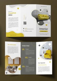 a brochure with yellow and gray accents on the front, inside and out