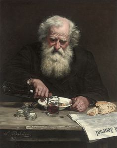 an old man sitting at a table eating food