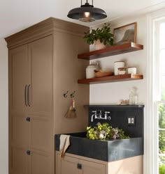 a kitchen sink sitting under a window next to a wooden shelf filled with potted plants