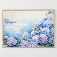 a watercolor painting of blue flowers and a sailboat