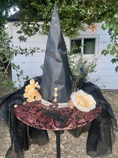 Beautiful black brown and gold witch hat loaded with crystal Swarovski rhinestones, flowers, peacock feathers, studs and topped with a witch broom. Hat has full back veil with rhinestones. Very pretty Brown Costume Hats And Headpieces For Halloween, Brown Halloween Costume Hat, Veil With Rhinestones, Beautiful Witch, Halloween Witch Hat, Witch Broom, Fancy Hats, A Witch, Costume Hats