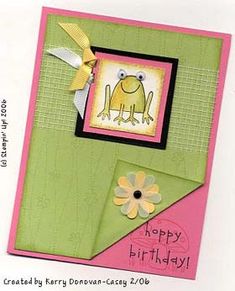 a card with a frog on it and a flower in the corner that says happy birthday