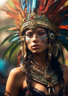 a woman wearing an elaborate headdress and feathers