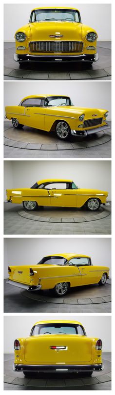 four different views of a yellow classic car