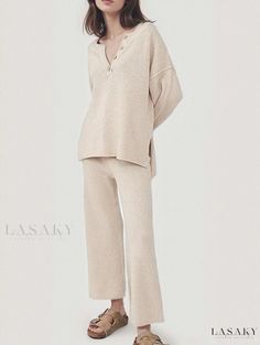 Lasaky - Cozy Knit Sweater and Button-up Casual Top Set for Home-wear Matching Sweatsuit Outfits, Sweater Lounge Set, Sweatsuit Outfits, Matching Sweatsuit, Two Piece Loungewear, Knit Lounge Set, Outfit Oversize, Knit Two Piece Set, Knit Loungewear