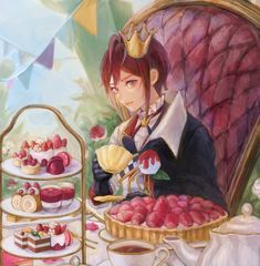 a painting of a woman sitting at a table filled with desserts and pastries