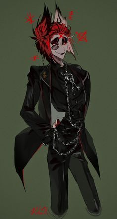 a drawing of a woman with red hair wearing black clothes and holding a chain around her waist