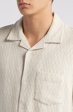 A softly textured cotton weave furthers the relaxed comfort of a camp shirt that's washed and faded to feel like a well-loved favorite. 27 1/2" length (size medium) Front button closure Notched collar Short sleeves Chest patch pocket 100% cotton Hand wash, line dry Imported Beige Cotton Camp Shirt With Relaxed Fit, Casual Beige Camp Collar Shirt, Casual Beige Camp Shirt With Relaxed Fit, Casual Beige Relaxed Fit Camp Shirt, White Camp Collar Shirt For Loungewear, Beige Camp Shirt With Relaxed Fit And Camp Collar, Beige Johnny Collar Shirt With Relaxed Fit, Casual Beige Cotton Camp Shirt, Casual Beige Short Sleeve Shirt With Camp Collar