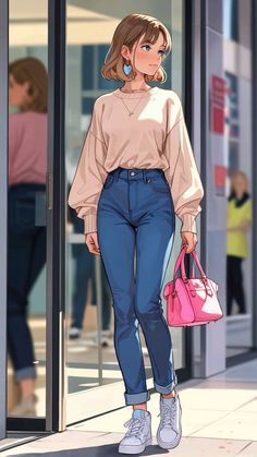 a woman walking down the street carrying a pink handbag in her right hand and wearing blue jeans