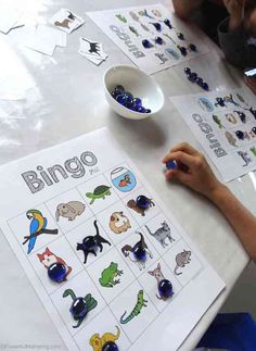 a young boy is doing his own animal matching activity with the letter b and c