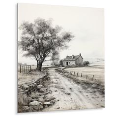 a black and white drawing of a dirt road leading to a house on the other side