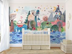 a baby's room with a mural on the wall and a crib in front of it